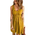 Mustard yellow sleeveless V-neck mini dress with button details and elastic waist - Yellow