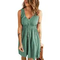 Sage green sleeveless V-neck mini dress with elastic waist and front buttons - Green