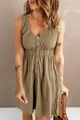 Elegant khaki sleeveless V-neck mini dress featuring button front and elastic waist - Khaki