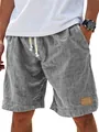 Detail view of men's grey linen-textured casual shorts featuring a white drawstring tie - S / Bottoms / Gray