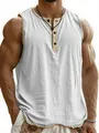 Close-up of men's white linen tank top with button V-neck and contrast trim details - Off White