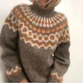 Cozy women's chunky knit Fair Isle turtleneck sweater with brown and orange pattern - S / Tops / Khaki