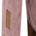 Close-up of pink corduroy fabric and brown leather patch detail on shorts - S / Bottoms / Pink