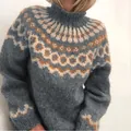 Cozy blue high-neck knitted pullover sweater featuring Nordic jacquard patterns for women - S / Tops / Gray