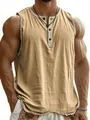 Close-up of men's casual linen V-neck sleeveless top with button detail in khaki. - Earthy Yellow
