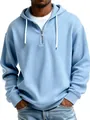 Detailed view of men's blue ribbed hoodie with metallic quarter-zip and hood strings - Sky Blue