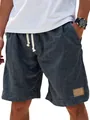 Short décontracté pour homme en aspect lin avec cordon de serrage et patch cuir - Bleu marine