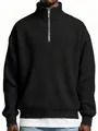 Detailed view of men's black waffle knit pullover with quarter zip and stand collar - Black