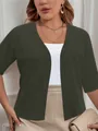 Elegant plus size solid dark green short sleeve open front knit cardigan for women - Army Green