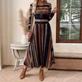 Elegant women's long sleeve striped spliced maxi dress with round neck for autumn and winter - S / Top And Bottom / Brown Patchwork