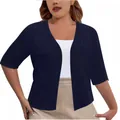 Elegant navy blue plus size short sleeve open front knit cardigan shrug for women - 3XL / Tops / Navy Blue
