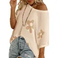 Detailed view of the floral jacquard pattern on a loose hollow knit cover-up sweater - S / Tops / Apricot
