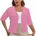 Elegant women's plus size solid pink short sleeve open front knit cardigan shrug - Pink