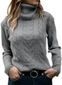 Detailed view of women's gray turtleneck sweater with a retro cable knit pattern - Gray