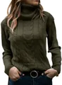Detailed view of women's vintage army green turtleneck sweater with cable knit pattern - Army Green