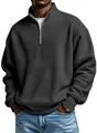 Close-up detail of men's quarter-zip waffle knit pullover sweatshirt in charcoal grey. - Black
