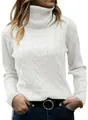 Detailed view of white cable knit turtleneck sweater showing thick knitted pattern. - White