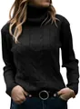 Close-up detail of women's black turtleneck cable knit sweater with ribbed texture - Black