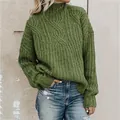 Close-up of olive green cable knit turtleneck sweater showing thick yarn texture detail - S / Tops / Army Green