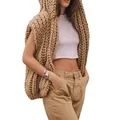 Stylish chunky knit sleeveless hooded cardigan vest for women in a warm khaki beige tone - S / Tops / Khaki