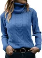 Front view detail of women's blue cable knit turtleneck sweater for autumn winter - Sapphire Blue