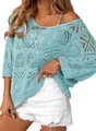 Close-up detail of light blue crochet hollow-out knit sweater with off-shoulder design - S / Tops / Light Blue