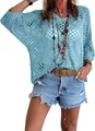 Light blue V-neck diamond hollow-out batwing sleeve knit sweater cover-up for women - 3XL / Tops / Aqua