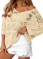 Close-up of beige crochet hollow-out sweater showing intricate knit texture and off-shoulder fit - S / Tops / Apricot