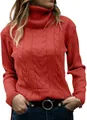 Close-up detail of a women's red cable knit turtleneck sweater showing its texture - Brick Red