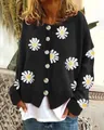 Schwarze Strickjacke für Damen mit weißen Gänseblümchen-Stickereien und Knopflleiste vorne - S / Oberteile / Schwarz