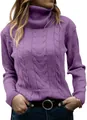Close-up of a stylish purple cable-knit turtleneck sweater featuring intricate knit patterns - Light Purple