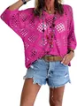 Vibrant pink V-neck crochet hollow-out batwing sleeve knit sweater cover-up top - 3XL / Tops / Rose Red