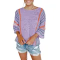 Detailed view of women's purple striped knitted sweater featuring stylish flare sleeves - S / Tops / Purple Stripe