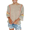 Detailansicht eines beigen Damen-Strickpullovers mit bunten Längsstreifen und Glockenärmeln - Gestreift Khaki