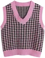 Nahaufnahme des rosa-schwarzen Hahnentrittmusters auf einer Strickweste mit V-Ausschnitt - Fuchsia