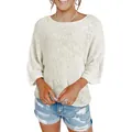 Detailansicht eines stylischen Strickoberteils mit ausgestellten Ärmeln und Rundhalsausschnitt - Weiß