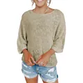 Detailansicht eines beigen Strickpullovers mit 3/4-Glockenärmeln an einem Modell. - Khaki