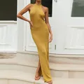 Sleeveless yellow knitted hollow-out halter maxi dress with sexy side slit for summer - S / Bottoms / Yellow