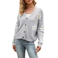 Cardigan in maglia grigio oversize da donna con motivi a margherite bianche e scollo a V - Grigio