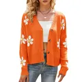 Cardigan in maglia arancione con motivi a margherita bianca, vestibilità ampia casual. - Arancione
