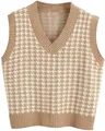 Damen Weste mit braun-beigem Hahnentrittmuster und V-Ausschnitt in Flachansicht - S / Oberteile / Khaki
