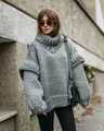 Chunky oversized grey high-neck knit sweater for women with stylish lantern sleeves - S / Gray