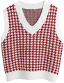 Stylische rot-weiße Damen-Strickweste mit Hahnentrittmuster und klassischem V-Ausschnitt-Design - S / Oberteile / Rot