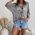 Boho γκρι πλεκτό πουλόβερ με λαιμόκοψη V σχέδιο ρόμβους και μανίκια νυχτερίδα - S / Tops / Γκρι