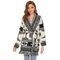 Detail of ethnic geometric pattern knit cardigan with fringe hem and tie-waist belt. - S / Tops / Black and Gray