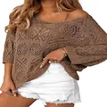Bohemian brown crochet hollow-out pullover with three-quarter sleeves and off-shoulder design. - S / Tops / Brown