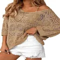 Boho-style khaki crochet hollow knit sweater with 3/4 sleeves and relaxed fit - S / Tops / Khaki
