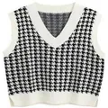 Klassische Strickweste mit Hahnentrittmuster in Schwarz-Weiß und elegantem V-Ausschnitt - Gebrochenes Weiß