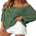 Boho style green crochet hollow-out sweater with three-quarter sleeves and off-shoulder fit - S / Tops / Green