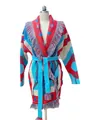Cardigan in maglia boho con frange, motivo a rose vintage e cintura abbinata - Taglia S / Top / Blu